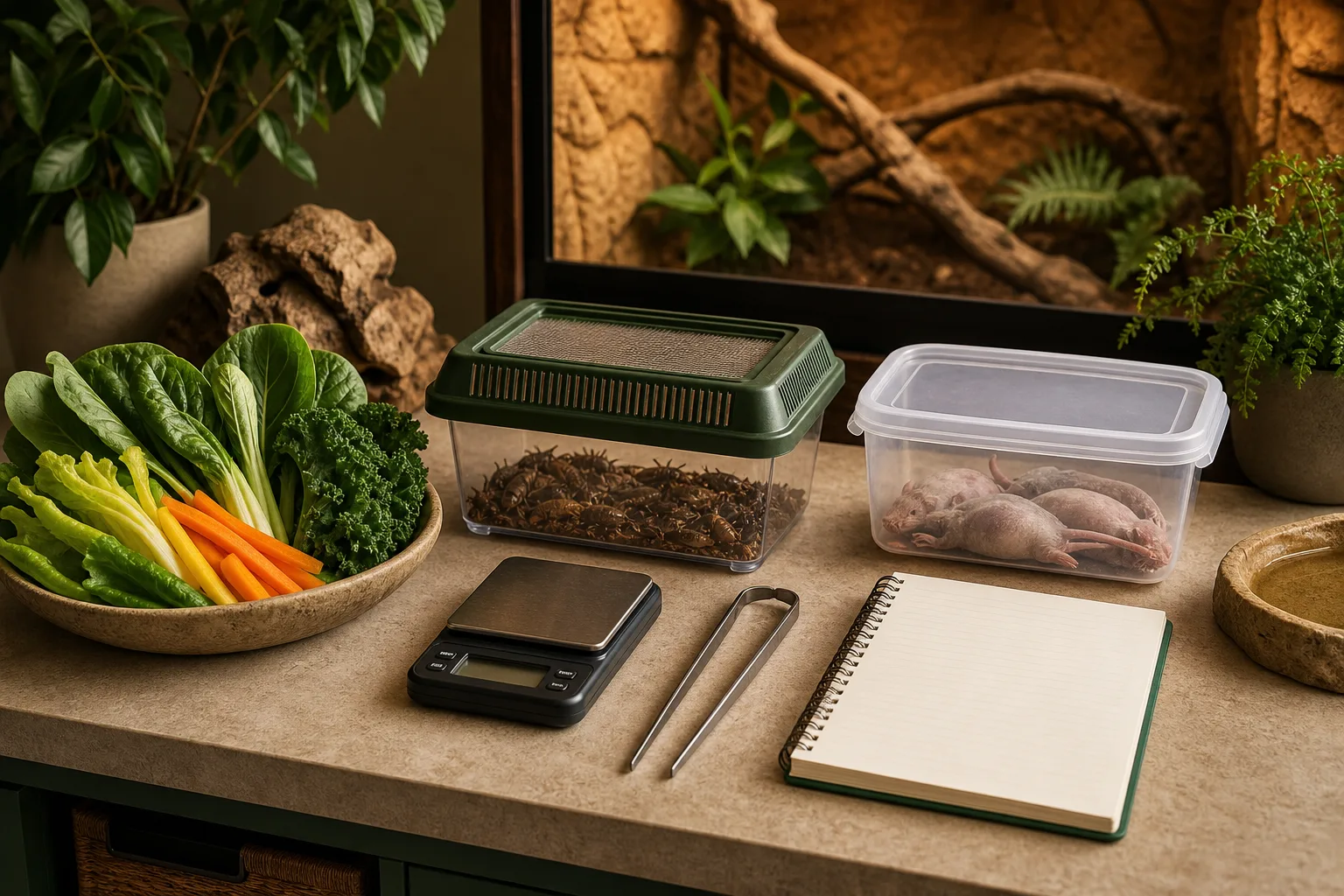 A varied reptile feeding routine arranged for careful preparation