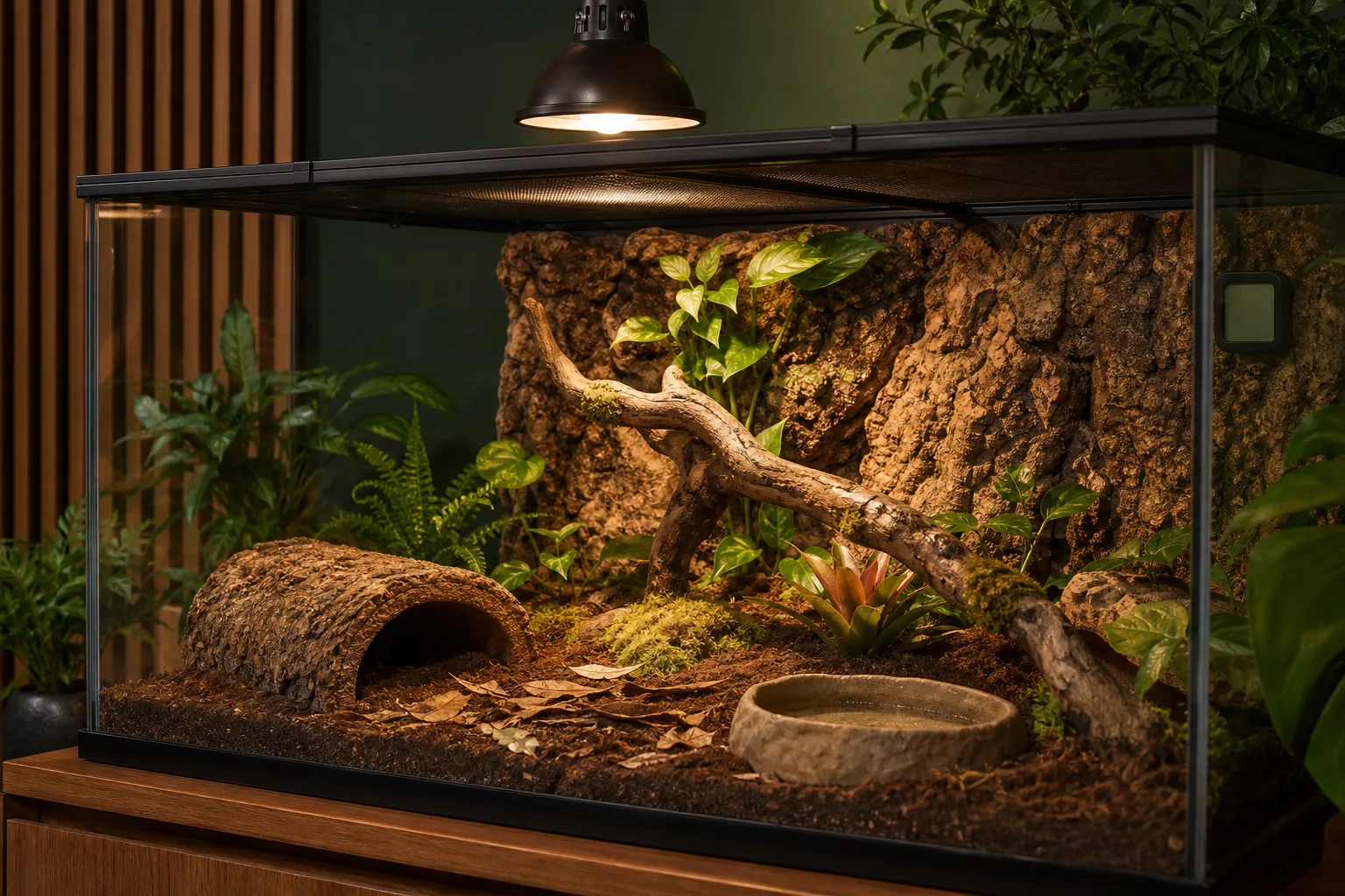 A complete reptile habitat prepared before an animal arrives