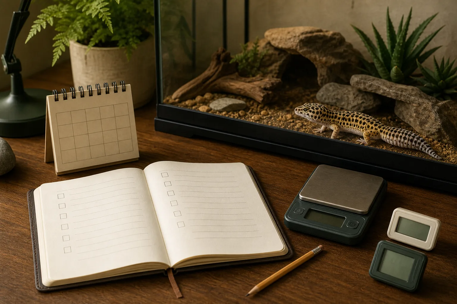 A reptile keeper log beside habitat monitoring equipment