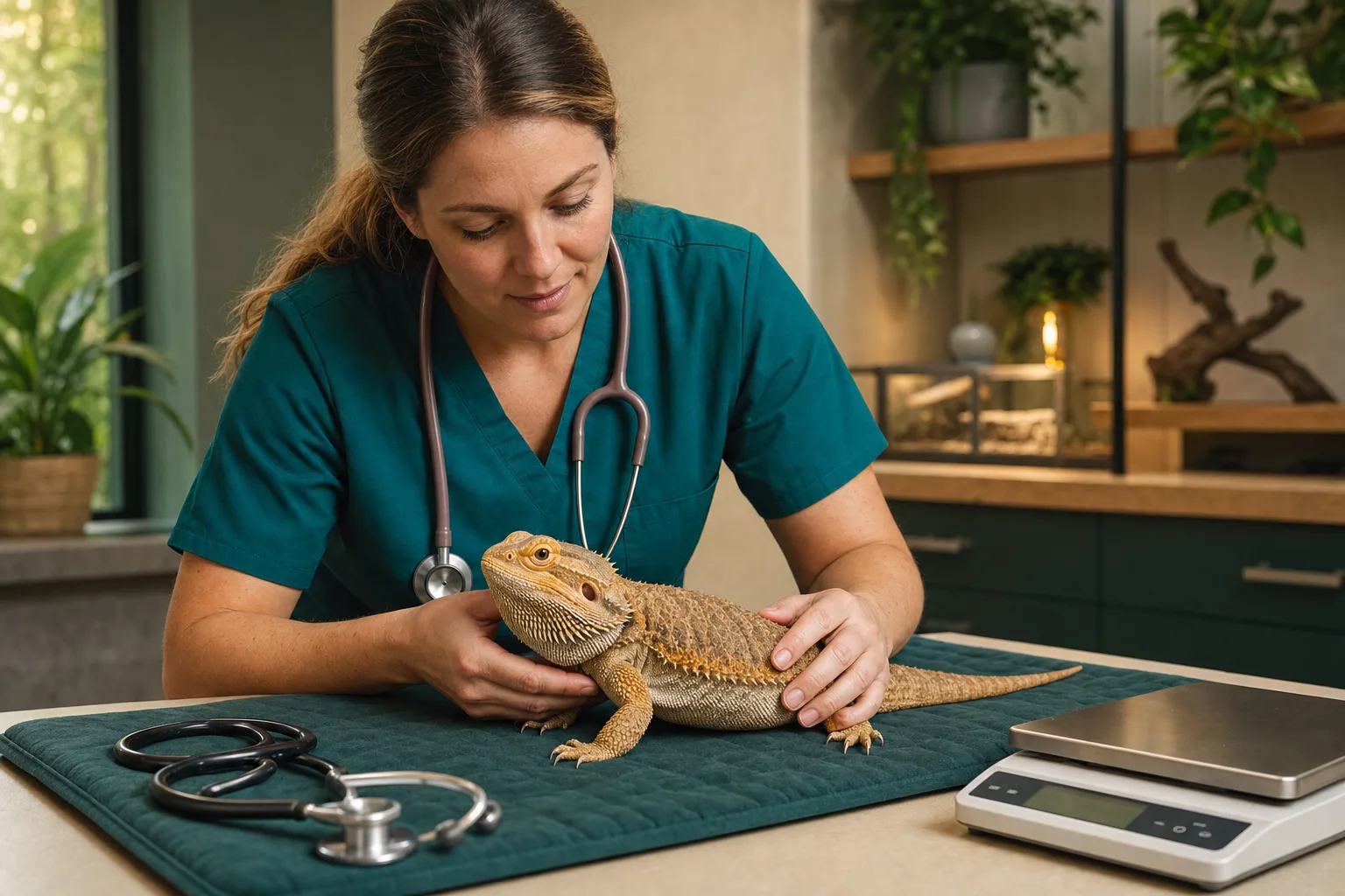 Experienced veterinarian examining a reptile