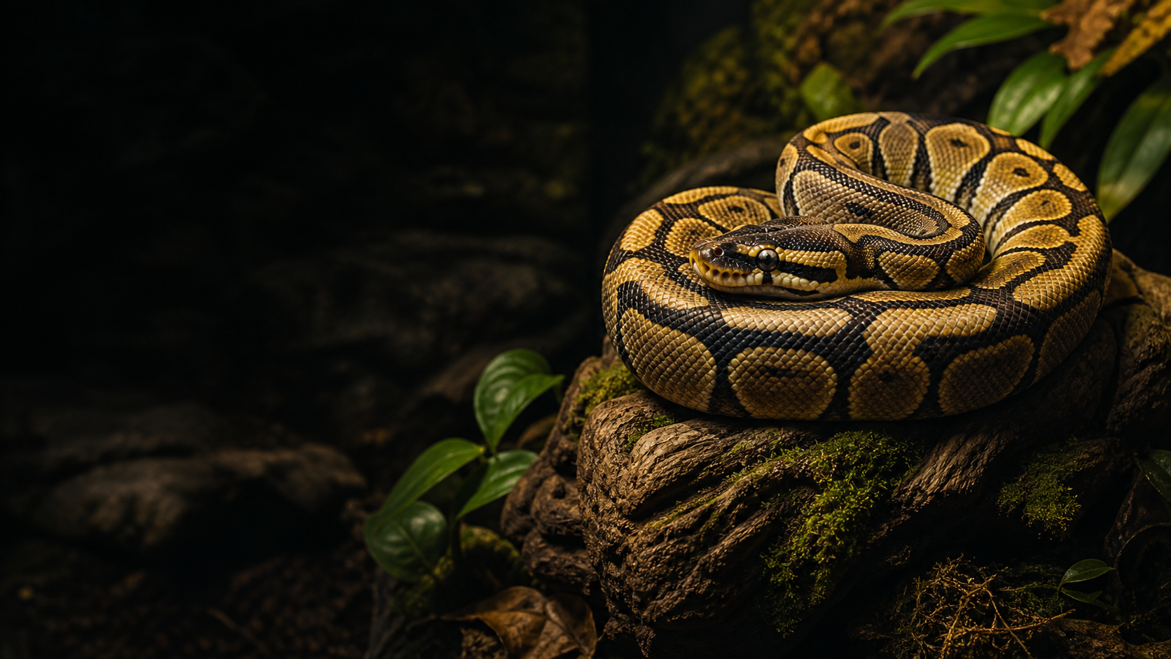 Ball python coiled on natural wood