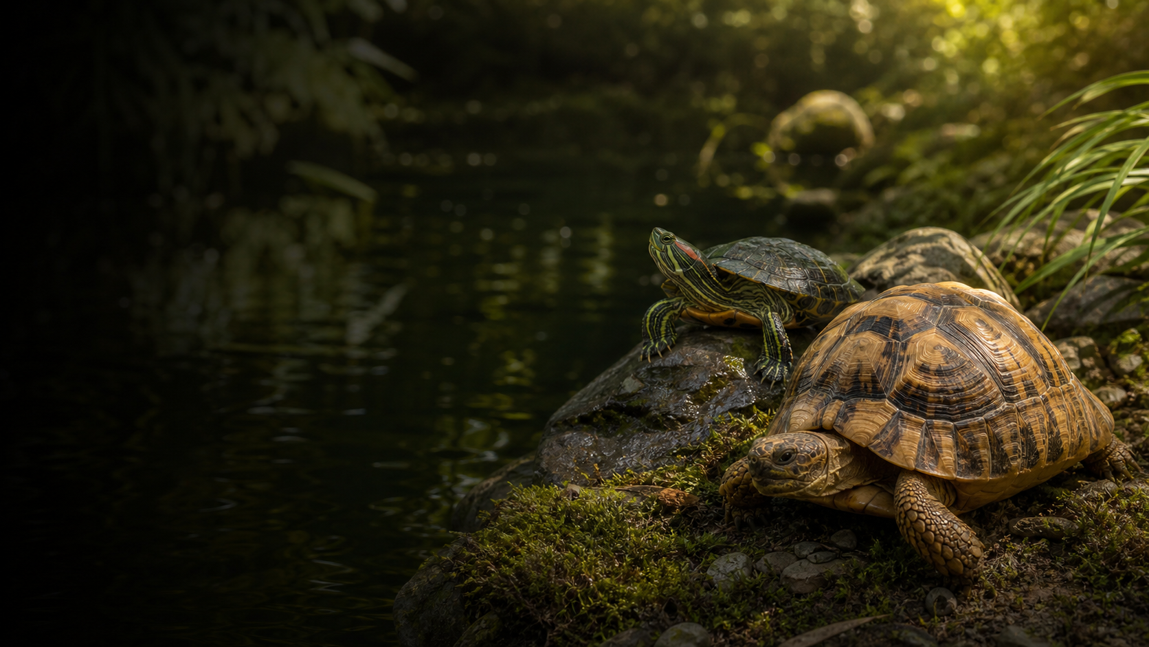 Tortoise and aquatic turtle beside a pond