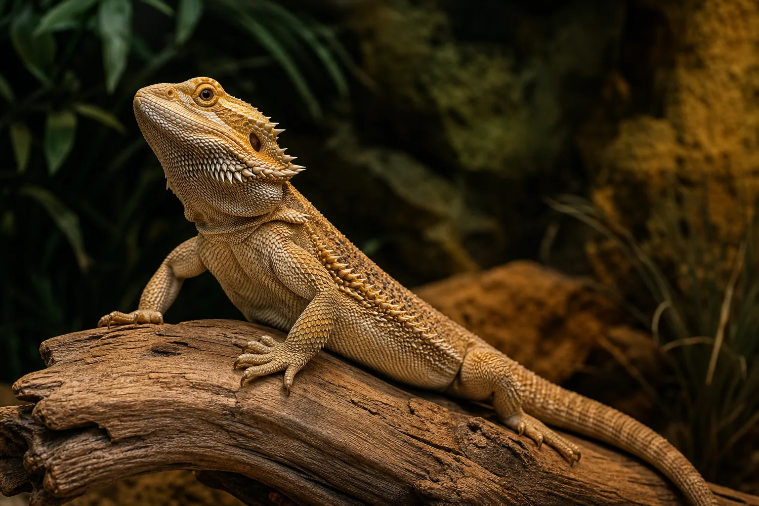 Bearded dragon alert on natural wood
