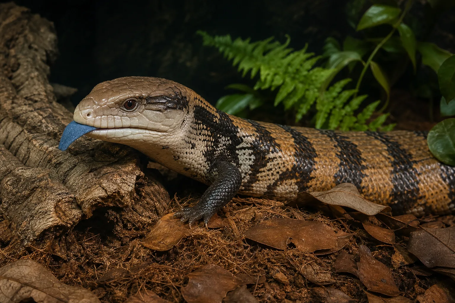 Blue tongue skink on natural leaf litter