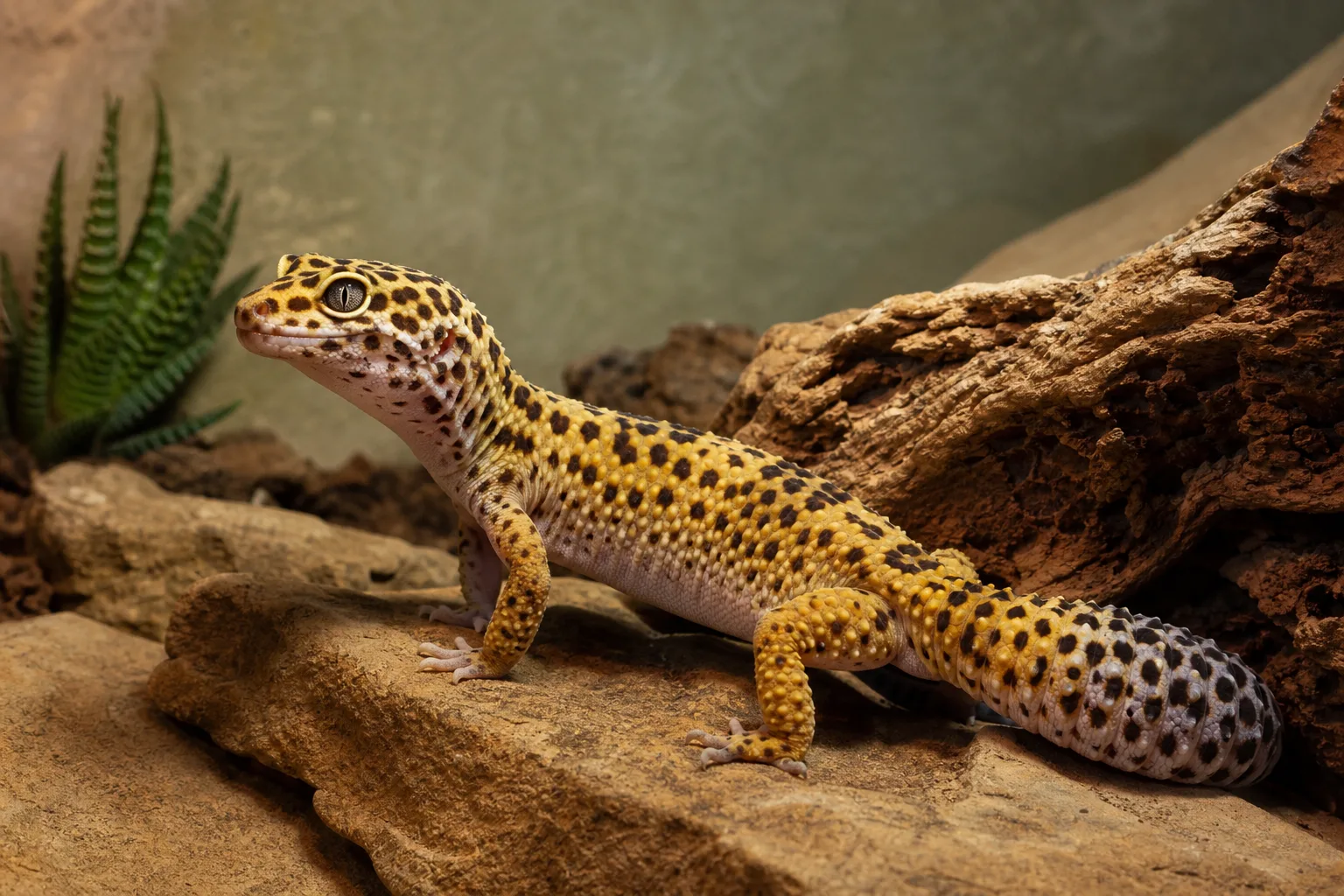 Spotted leopard gecko standing on warm stone