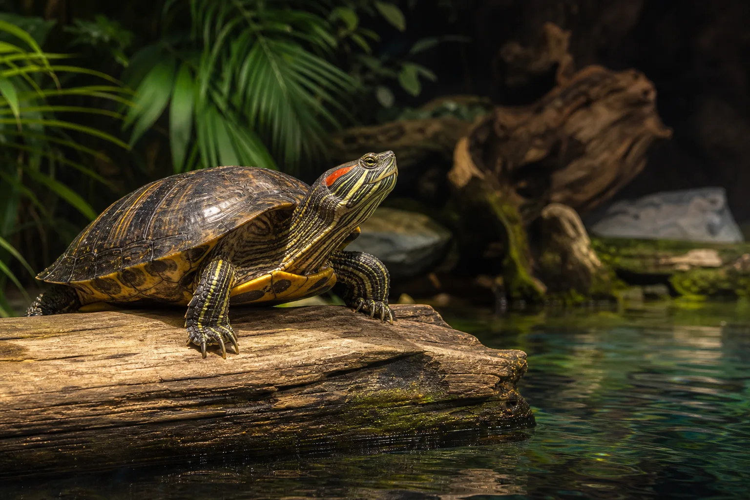 Red-eared slider basking beside clean water