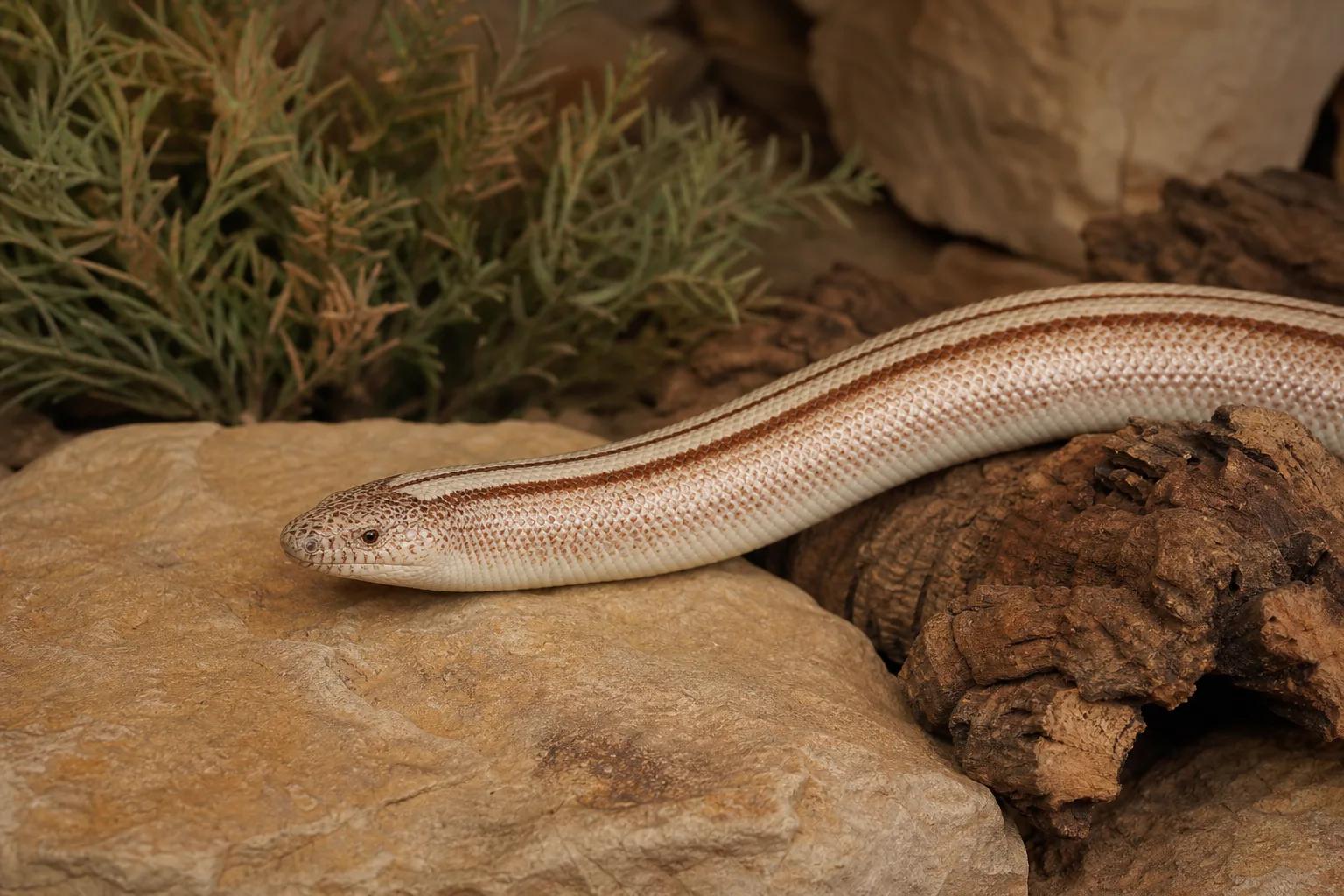Striped rosy boa resting in a dry natural habitat